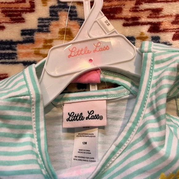 Little Lass Two Piece Set - Aqua and White Striped with Pink Shorts - Picture 2 of 3